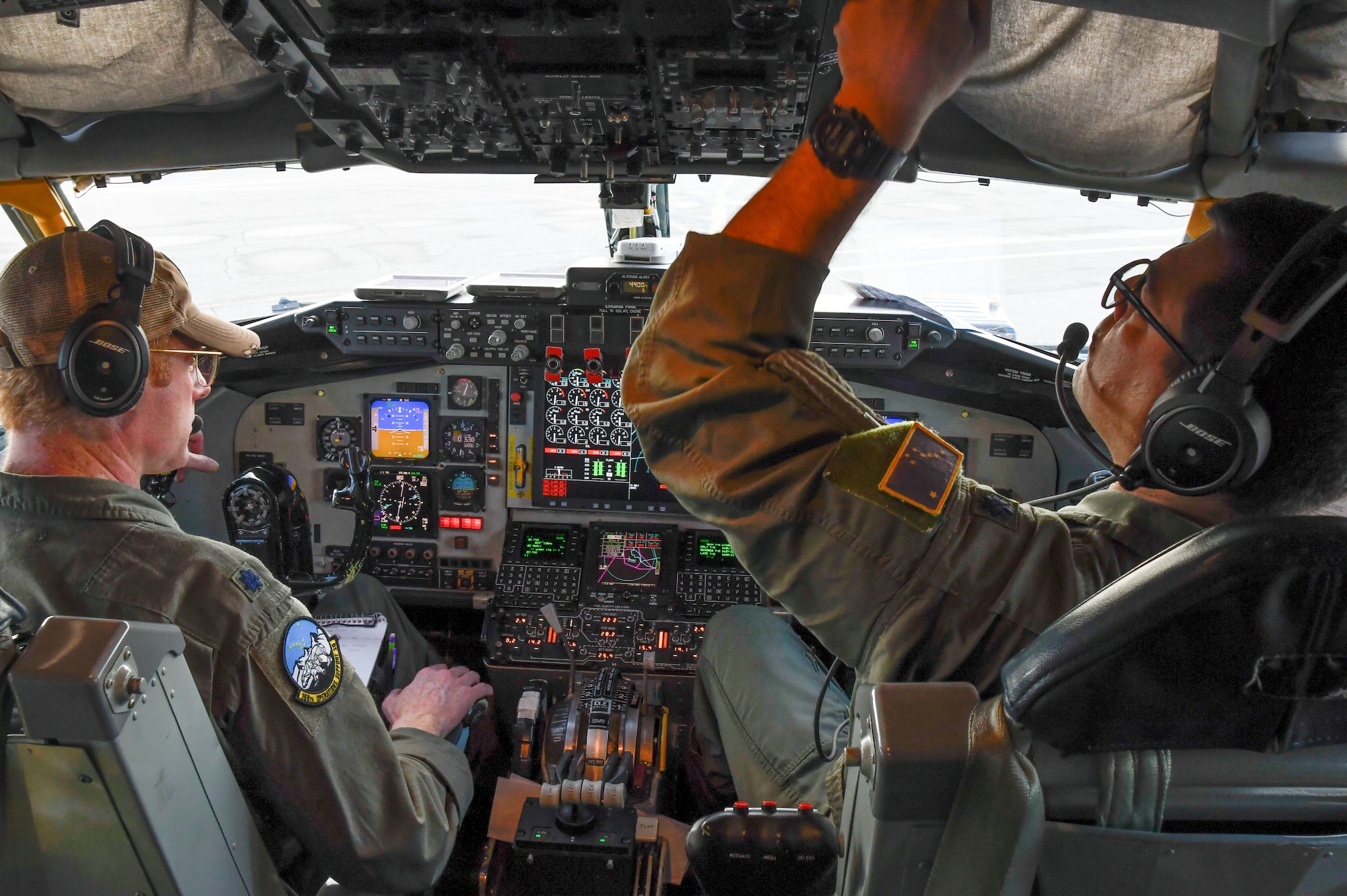 Lt. Col. Rick Wals, 168th Wing Operations Support Squadron commander, and KC-135 pilot and Lt. Col. Joseph Howard, 168th Wing KC-135 Stratotanker pilot, prepare to take off for an aerial refueling mission on board a 168th Wing KC-135 Stratotanker during Red Flag Alaska 23-2. Members of the 168th Wing and the Republic of Korea Air Force visited together during RF-A 23-2 to exchange tactics and procedures while increasing interoperability on the aerial refueling mission. The multinational exercise allows Air Forces from different countries to integrate and is a testament to the collaborative spirit and shared commitment to maintaining peace and security. The 168th WG and international counterparts provided air power through the aerial refueling mission during RF-A 23-2. Aerial refueling increases combat aircraft’s speed, range, lethality, and versatility. (U.S. Air National Guard photo by Senior Master Sgt. Julie Avey)