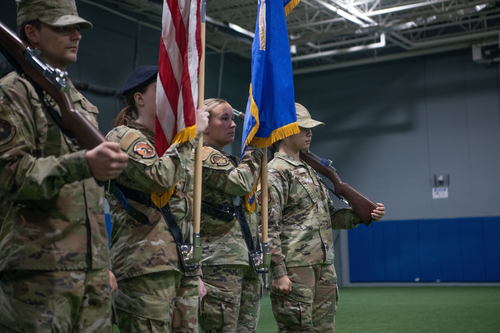 Minot Air Force Base Honor Guardsmen practice for their military honor performances at Minot Air Force Base, July 5, 2023. Due to the importance of movement execution and technique at events, such as military funerals and awards ceremonies, Honor Guardsmen practice weeks ahead of events. (U.S. Air Force photo by Airman 1st Class Trust Tate)