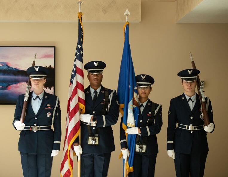 Minot Air Force Base Honor Guardsman pose for a photo after a ceremony at Minot Air Force Base, July 7, 2023. Honor Guardsman are responsible for performing military honors at ceremonies and funerals. (U.S. Air Force photo by Airman 1st Class Trust Tate)