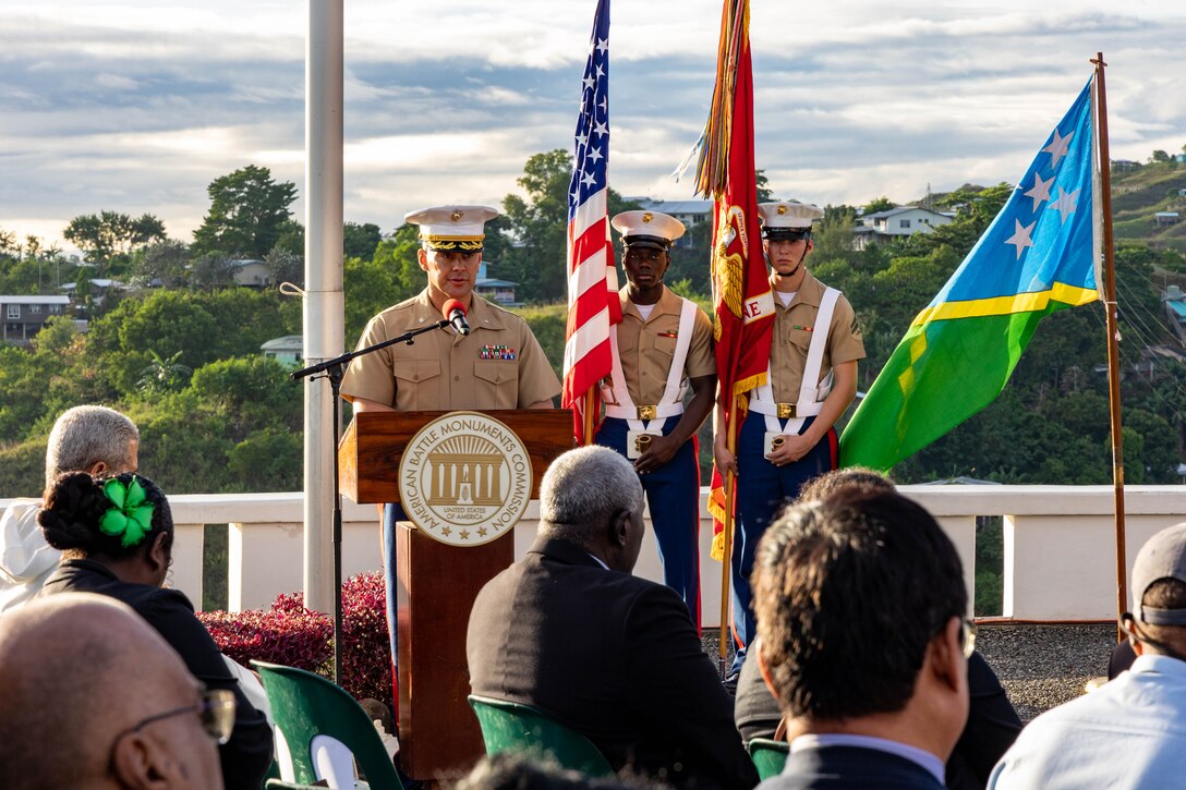 U.S. Marine Corps Lt. Col. Robert J. Hillery, commanding officer of Task Force Koa Moana 23, gives remarks during the 81st Anniversary of the Battle of Guadalcanal Ceremony at the Guadalcanal American Memorial in Honiara, Solomon Islands, August 7, 2023. The Battle of Guadalcanal, also known as Operation Watchtower, was a seven-month campaign that marked the first Allied land offensive in the Pacific theater in World War II. (U.S. Marine Corps photo by Staff Sgt. Courtney G. White)