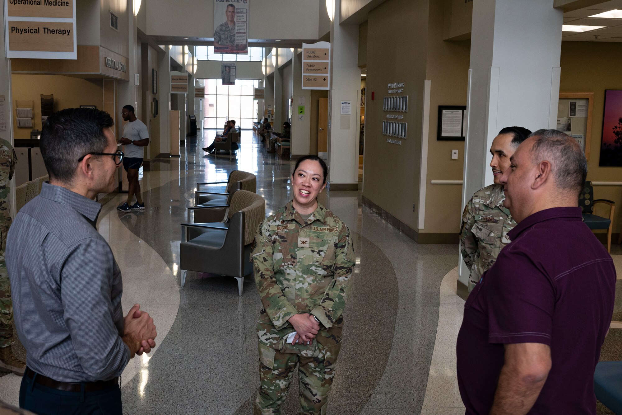 U.S Air Force Col. Lynne Bussie, 49th Medical Group commander, center, explains the capabilities and mission of the 49th MDG to Gilbert R. Cisneros Jr. Under Secretary of Defense for Personnel and Readiness, right, and Alex Wagner, Assistant Secretary of the Air Force for Manpower and Reserve Affairs during a familiarization tour at Holloman Air Force Base, New Mexico, Aug. 1, 2023. Wagner and Cisneros interacted with Airmen and other personnel across the wing to better understand the 49th Wing’s mission of aircrew training and discuss ways to improve Team Holloman’s quality of life. (U.S. Air Force photo by Airman 1st Class Isaiah Pedrazzini)