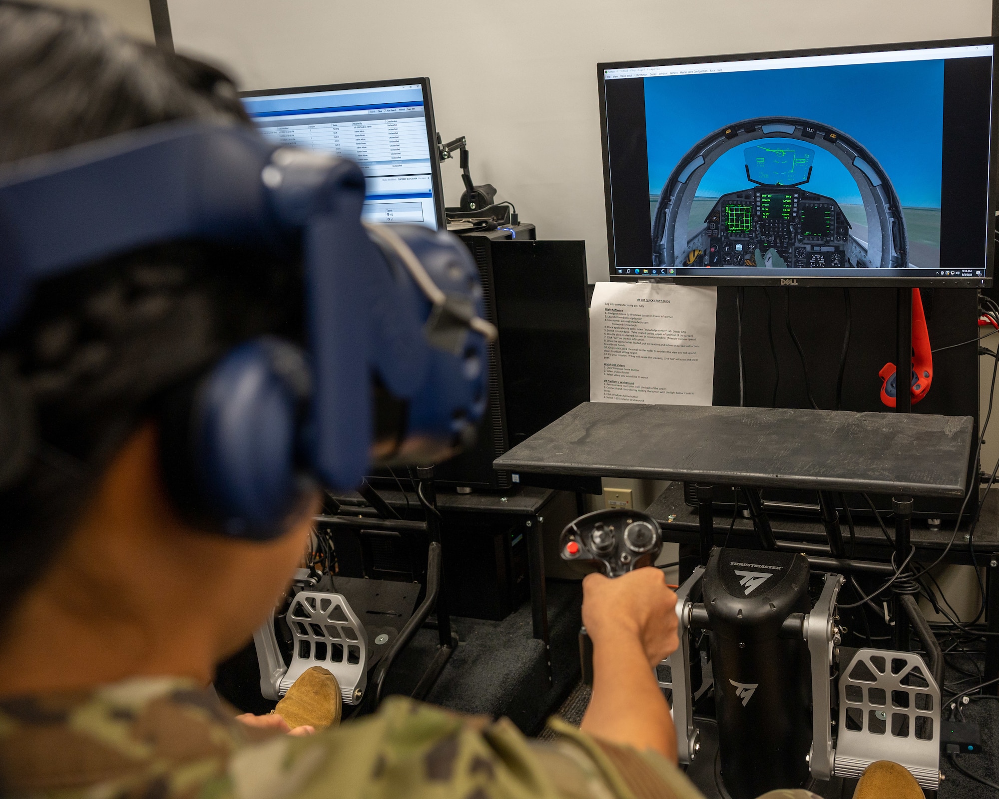 Air Force ROTC Academy Cadet Angelica Lumactod learns how to fly an F-15E Strike Eagle in a virtual reality training simulation at Seymour Johnson Air Force Base, North Carolina, August 3, 2023. This was part of a week-long tour aimed to enhance the cadets’ knowledge of Air Force career fields and a closer look at the base’s mission. (U.S. Air Force photo by Airman 1st Class Leighton Lucero)