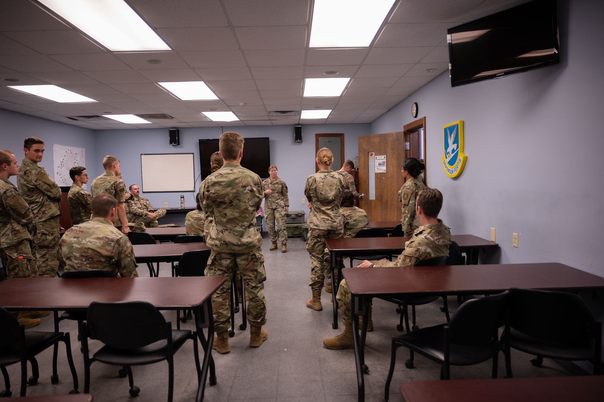 Members of the 4th Security Forces Squadron explain their unit’s daily operations to Air Force Reserve Officers’ Training Corps cadets during a tour at Seymour Johnson Air Force Base, North Carolina, August 3, 2023. ROTC develops the future leaders by preparing cadets to become officers while earning a college degree. (U.S. Air Force photo by Airman 1st Class Rebecca Sirimarco-Lang)