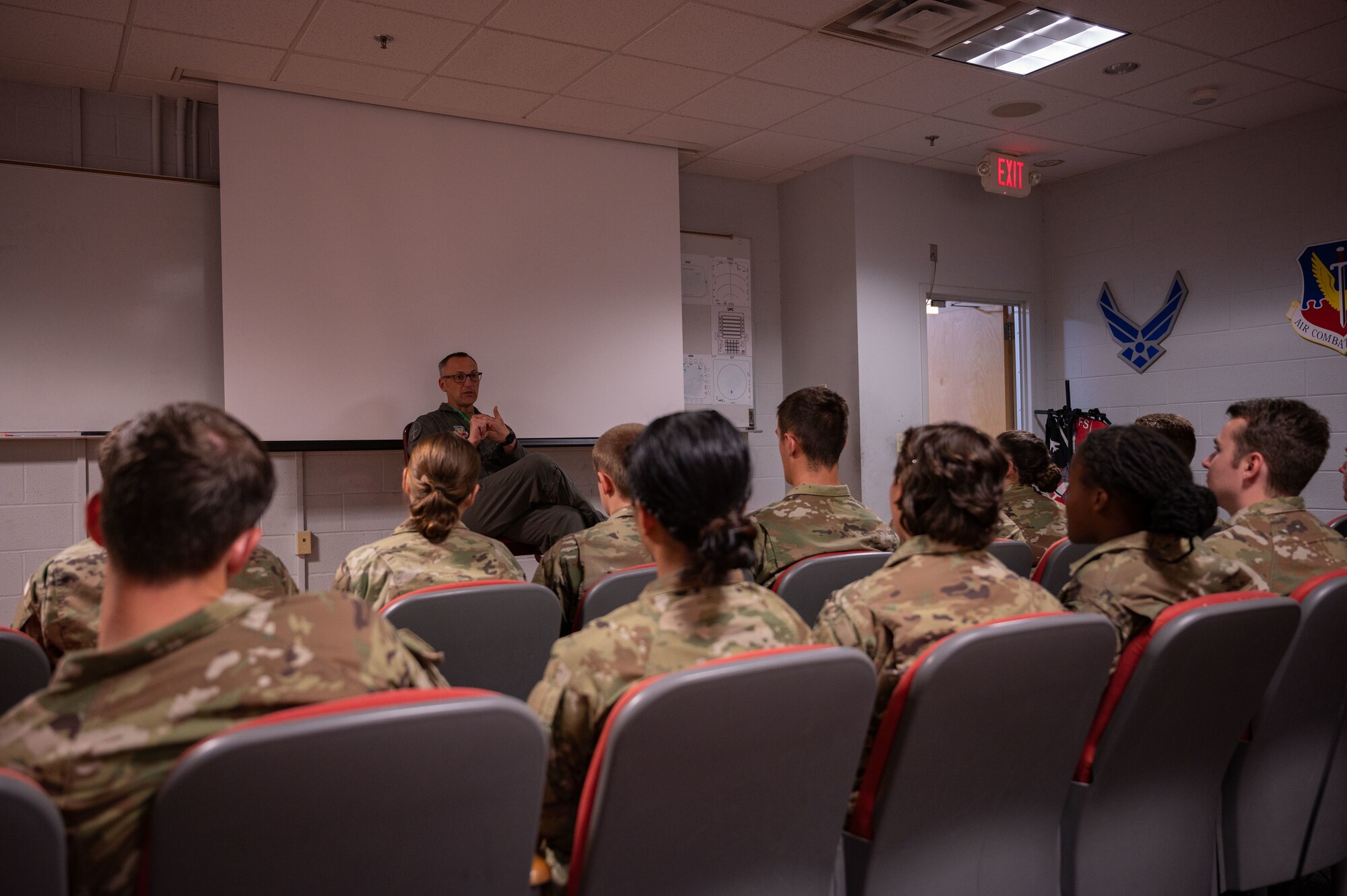 Col. Steven Bofferding, 4th Fighter Wing vice commander, speaks to Air Force Reserve Officers’ Training Corps cadets during a tour at Seymour Johnson Air Force Base, North Carolina, August 3, 2023. As part of Operation Air Force, this tour aimed to enhance the cadets’ knowledge of Air Force career fields and provide them a closer look at the base’s day-to-day operations. (U.S. Air Force photo by Airman 1st Class Rebecca Sirimarco-Lang)