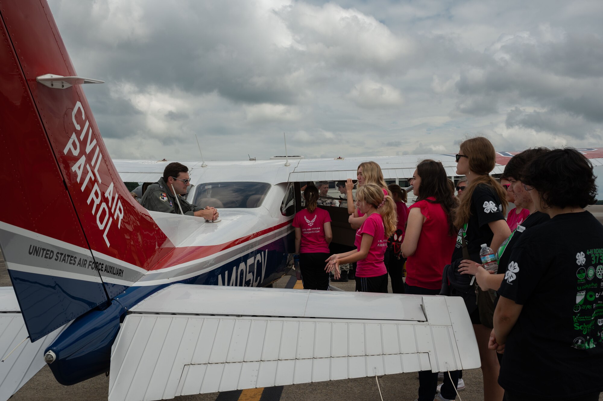 Students from the Wayne County community tour a Civil Air Patrol aircraft during Inspire 4th at Seymour Johnson Air Force Base, North Carolina, Aug. 4, 2023.  Inspire 4th was part of Project Quesada which is an Air Combat Command initiative to identify opportunities to partner with Hispanic serving institutions and other minority serving institutions, as well as expose and inspire science, technology, engineering and math students to careers within ACC. (U.S. Air Force photo by Airman 1st Class Rebecca Sirimarco-Lang)