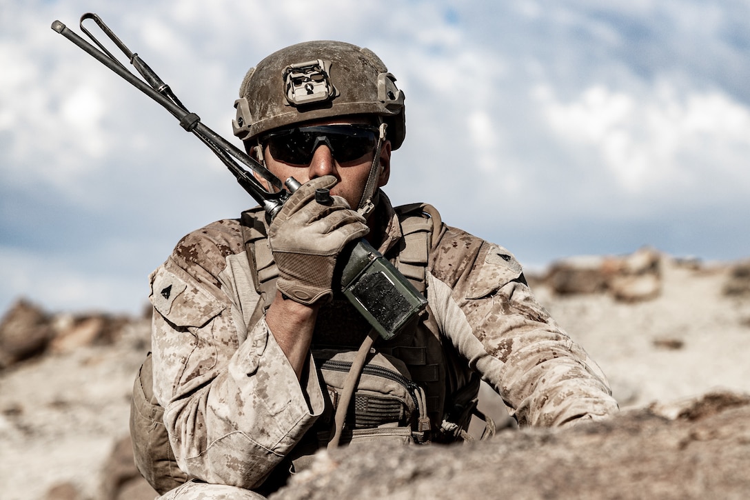 A U.S. Marine with 2d Battalion, 8th Marine Regiment, participates in a platoon live-fire maneuver on range 410A as a part of a Service Level Training Exercise on Marine Corps Air-Ground Combat Center, Twentynine Palms, California, July 29, 2023. The SLTE is a series of exercises designed to prepare Marines for future operations around the globe and to enhance the combat readiness for all elements of the Marine Air Ground Task Force.