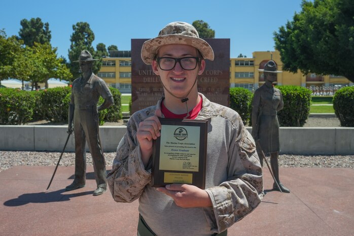 Cade Liles, a child with the Make-A-Wish foundation, poses for a photo at Marine Corps Recruit Depot San Diego, Aug. 3, 2023. MCRD San Diego supported the mission of the Make-A-Wish foundation in granting Cade Liles’ wish of experiencing portions of Marine training and military life.