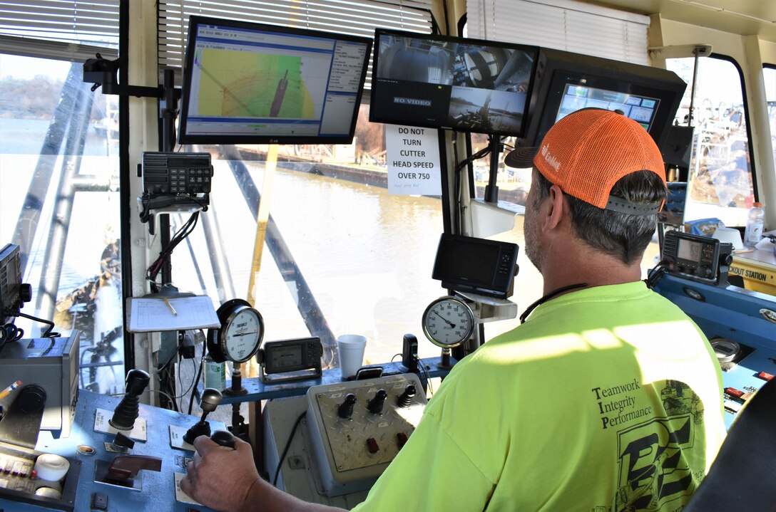 IN THE PHOTO, the Inland Dredging Company's cutterhead dredge "Integrity" works to dredge the Memphis Harbor/McKellar Lake, which was the last of 10 harbors dredged in the Memphis District during 2019. (USACE Photo / Jessica Haas)