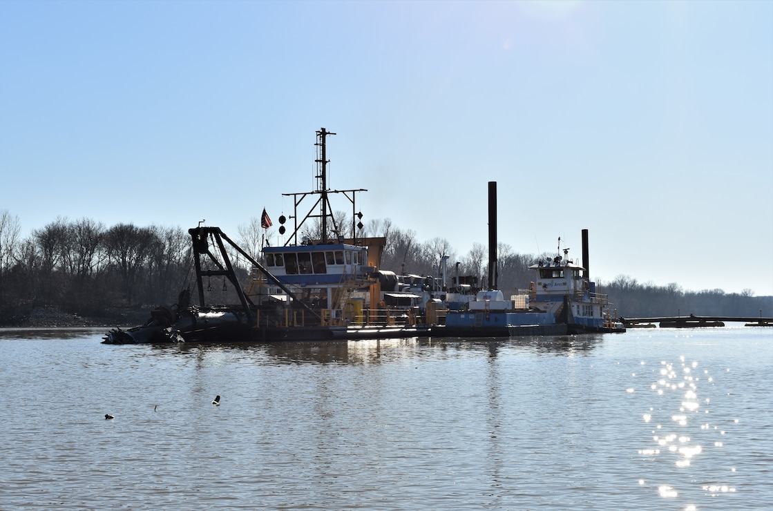 IN THE PHOTO, the Inland Dredging Company's cutterhead dredge "Integrity" works to dredge the Memphis Harbor/McKellar Lake, which was the last of 10 harbors dredged in the Memphis District during 2019. (USACE Photo / Jessica Haas)