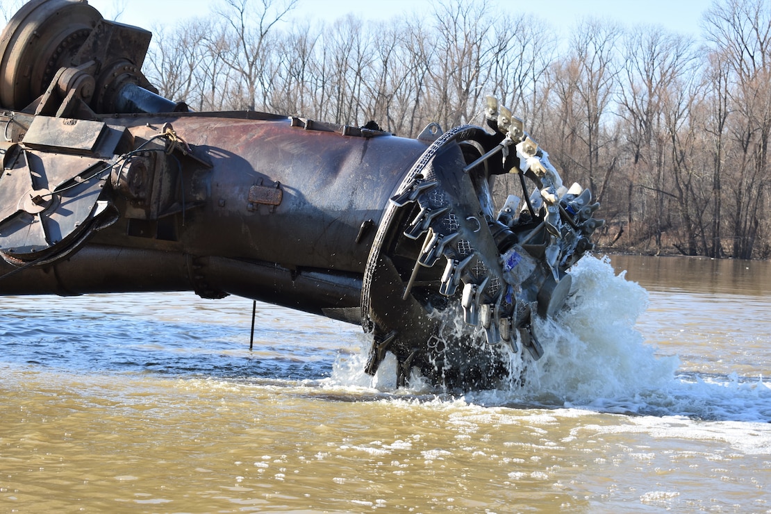 IN THE PHOTO, the Inland Dredging Company's cutterhead dredge "Integrity" works to dredge the Memphis Harbor/McKellar Lake, which was the last of 10 harbors dredged in the Memphis District during 2019. (USACE Photo / Jessica Haas)