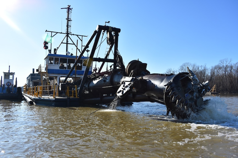 IN THE PHOTO, the Inland Dredging Company's cutterhead dredge "Integrity" works to dredge the Memphis Harbor/McKellar Lake, which was the last of 10 harbors dredged in the Memphis District during 2019. (USACE Photo / Jessica Haas)