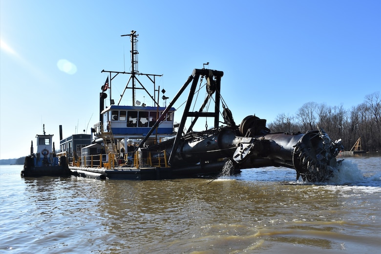 IN THE PHOTO, the Inland Dredging Company's cutterhead dredge "Integrity" works to dredge the Memphis Harbor/McKellar Lake, which was the last of 10 harbors dredged in the Memphis District during 2019. (USACE Photo / Jessica Haas)