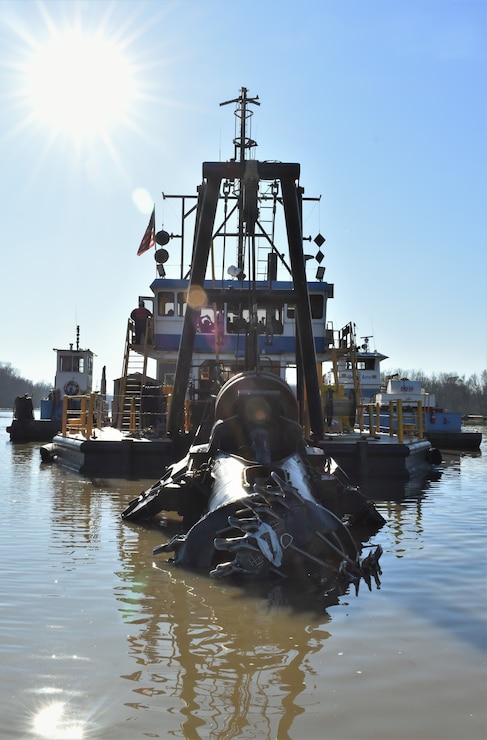 IN THE PHOTO, the Inland Dredging Company's cutterhead dredge "Integrity" works to dredge the Memphis Harbor/McKellar Lake, which was the last of 10 harbors dredged in the Memphis District during 2019. (USACE Photo / Jessica Haas)