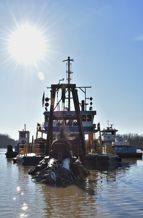 IN THE PHOTO, the Inland Dredging Company's cutterhead dredge "Integrity" works to dredge the Memphis Harbor/McKellar Lake, which was the last of 10 harbors dredged in the Memphis District during 2019. (USACE Photo / Jessica Haas)