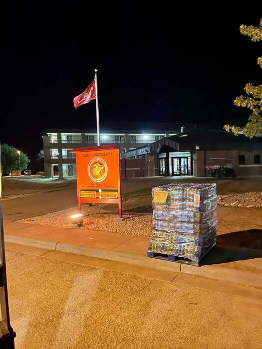 Water sits outside of the Marine Corps Detachment after being distributed across Goodfellow Air Force Base, Texas, July 19th, 2023. Multiple forklift drivers worked to transport the pallets to locations across the 17th Training Wing. (Courtesy photo)