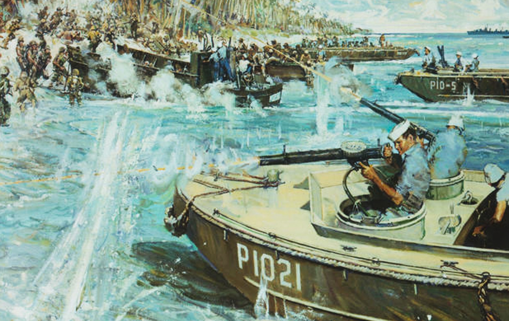 An artist’s rendering of LCPs evacuating an ambushed marine battalion at Guadalcanal, which provides an accurate depiction of the bow configuration of a Coast Guard LCP. (U.S. Coast Guard photo, courtesy U.S. Coast Guard)