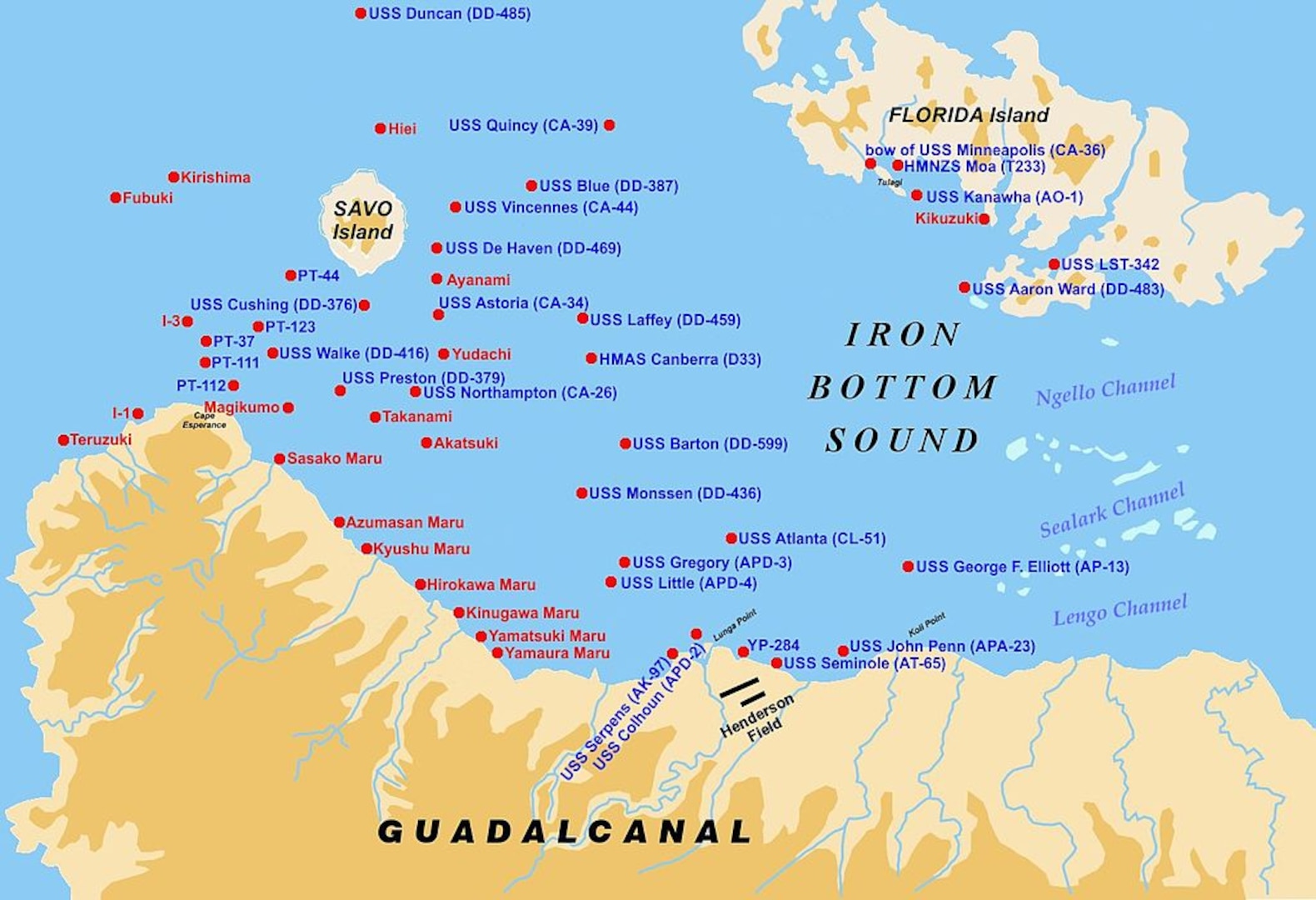 Chart showing Guadalcanal, Savo Island, Iron Bottom Sound, Florida Island, and Tulagi Island. (Wikipedia image by user W.wolny (CC BY-SA 3.0), courtesy of Wikimedia Commons)