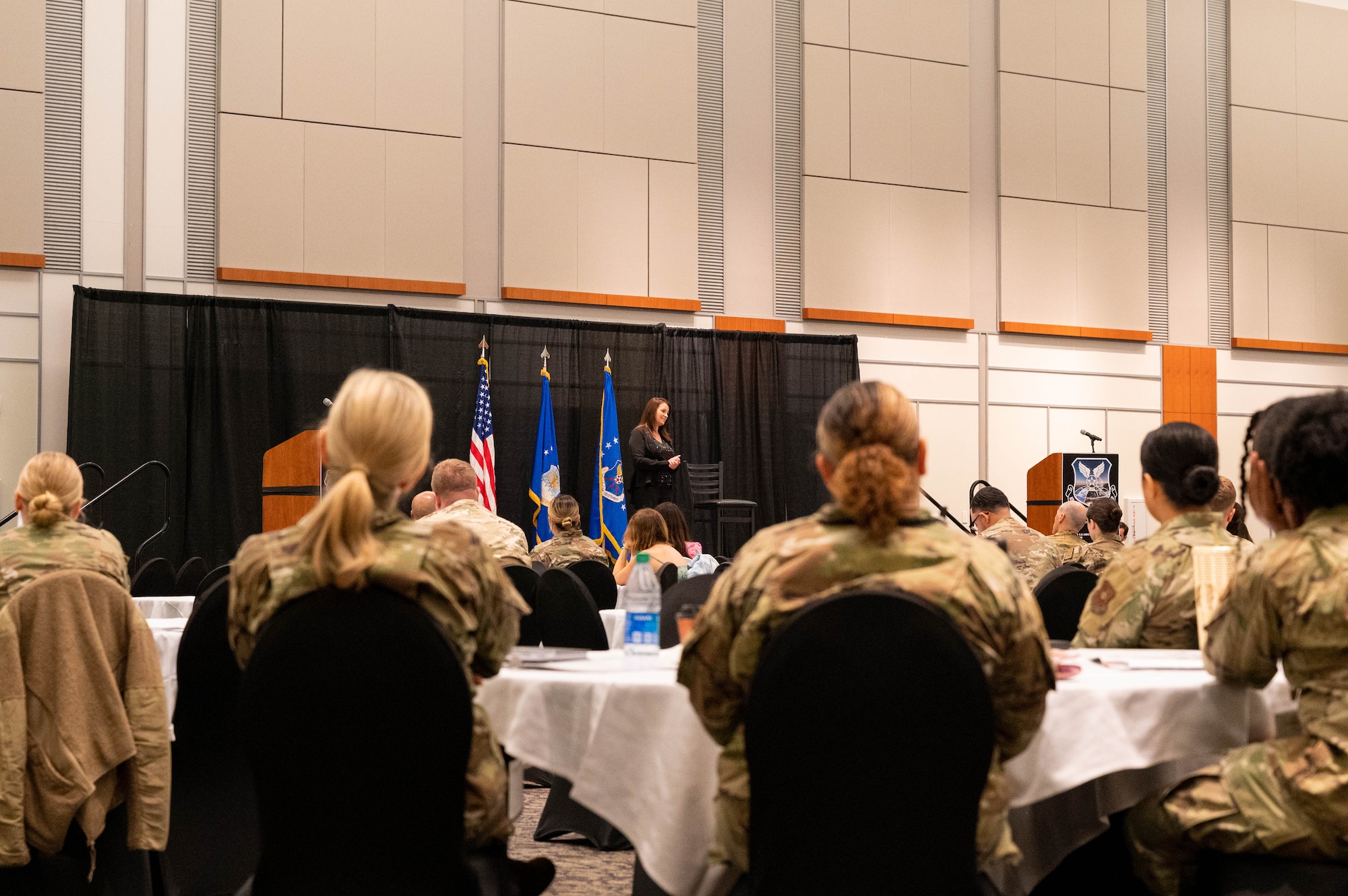 Former prisoner of war Jessica Lynch address attendees at the 2023 Air Force Global Strike Command Women's Leadership Symposium in Shreveport, La., July 25, 2023. Airmen and Guardians from AFGSC bases participated in the symposium virtually or in-person, discussing the importance of equity in leadership at all levels, and getting to hear from speakers and panels about the successes achieved and challenges experienced by women in the military. (U.S. Air Force photo by Capt. Joshua Thompson)