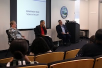 IMAGE: (from left to right) Naval Surface Warfare Center Dahlgren Division (NSWCDD) Dam Neck Activity's (DNA) Integrated Training Systems Division Head Mary Kay Anderson, Director David Richardson, and Deputy Director Dennis Cochran, participate in a discussion panel during a mentorship event, Aug. 1. The flash mentoring event titled, "So you want to be a senior leader," provided employees the opportunity to learn and speak with senior-level staff about their experiences and insight that helped them rise to their career milestones.