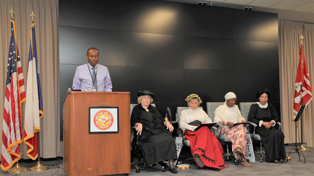 The “Suffragettes”, historical advocates for women’s rights, from right, Rebecca Marks Jimerson portrayed both Mary Church Terrell and Ida B. Wells, Dr. Rose Caballero, Galveston District Equal Employment Opportunity officer, as Sojourner Truth, Marcy Hanson as Elizabeth Cady Stanton and Marilyn Harris as Susan B. Anthony, shared the story of the Seneca Falls Convention of 1848, the first convention to promote women’s right to vote, and the decades of protesting it took to pass the 19th Amendment.