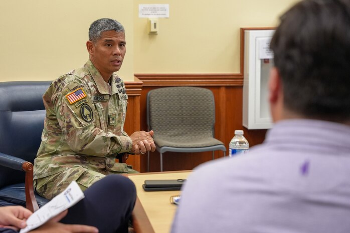 Joint Task Force-Red Hill (JTF-RH) Strategic Engagement Director, U.S. Army Brig. Gen. Lance Okamura meets with Senate Appropriations Committee staff delegates at JTF-RH Headquarters, Ford Island, Honolulu, Hawaii, Aug. 8, 2023. JTF-RH is in phase three of its five-phase defueling plan. Personnel are focused on completing quality control tasks, training, response preparation, the National Environmental Policy Act Environmental Assessment, regulatory approvals and operational planning for all future major milestones. This extensive preparatory work will help ensure the safe and expeditious defueling of the Red Hill Bulk Fuel Storage Facility. (DoD photo by U.S. Air National Guard Tech. Sgt. Nicholas Brown)