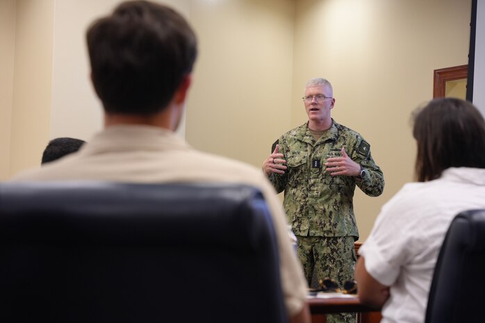 Joint Task Force-Red Hill (JTF-RH) Commander, U.S. Navy Vice Adm. John Wade meets with Senate Appropriations Committee staff delegates at JTF-RH Headquarters, Ford Island, Honolulu, Hawaii, Aug. 8, 2023. JTF-RH is in phase three of its five-phase defueling plan. Personnel are focused on completing quality control tasks, training, response preparation, the National Environmental Policy Act Environmental Assessment, regulatory approvals and operational planning for all future major milestones. This extensive preparatory work will help ensure the safe and expeditious defueling of the Red Hill Bulk Fuel Storage Facility. (DoD photo by U.S. Air National Guard Tech. Sgt. Nicholas Brown)