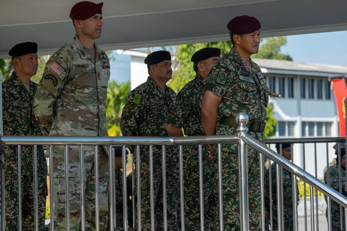 Maj. Gen. Brian Eifler, commanding general of the 11th Airborne Division (left), and Malaysian Lt. Gen. Dato Tengku Fauzi, Malaysian Army Western Field Commander, stand during the closing ceremony for Keris Strike 23, Aug. 4, 2023.

Keris Strike 23, a bilateral military exercise in its 28th year, featured approximately 3,000 U.S. and Malaysian service members, and gave the Arctic Angels a chance to test and share skills and lessons from living and working in one of the world’s most challenging environments through military police tactics, explosive ordnance disposal, medical operations, and jungle survival training.