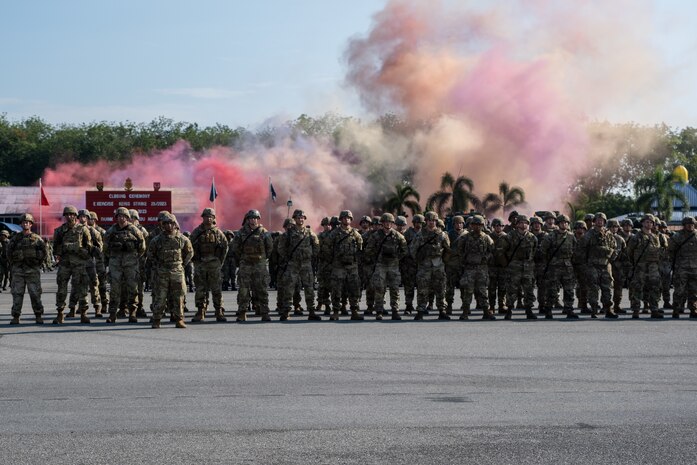 U.S Soldiers from 1st Infantry Brigade Combat Team, 11th Airborne Division, and Malaysian service members stand in formation during the closing ceremony for Keris Strike 23, Aug. 4, 2023.

Keris Strike 23, a bilateral military exercise in its 28th year, featured approximately 3,000 U.S. and Malaysian service members, and gave the Arctic Angels a chance to test and share skills and lessons from living and working in one of the world’s most challenging environments through military police tactics, explosive ordnance disposal, medical operations, and jungle survival training.