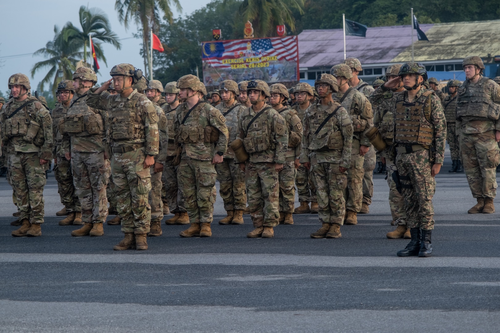 U.S Soldiers from 1st Infantry Brigade Combat Team, 11th Airborne Division, and Malaysian service members stand in formation during the closing ceremony for Keris Strike 23, Aug. 4, 2023.

Keris Strike 23, a bilateral military exercise in its 28th year, featured approximately 3,000 U.S. and Malaysian service members, and gave the Arctic Angels a chance to test and share skills and lessons from living and working in one of the world’s most challenging environments through military police tactics, explosive ordnance disposal, medical operations, and jungle survival training.