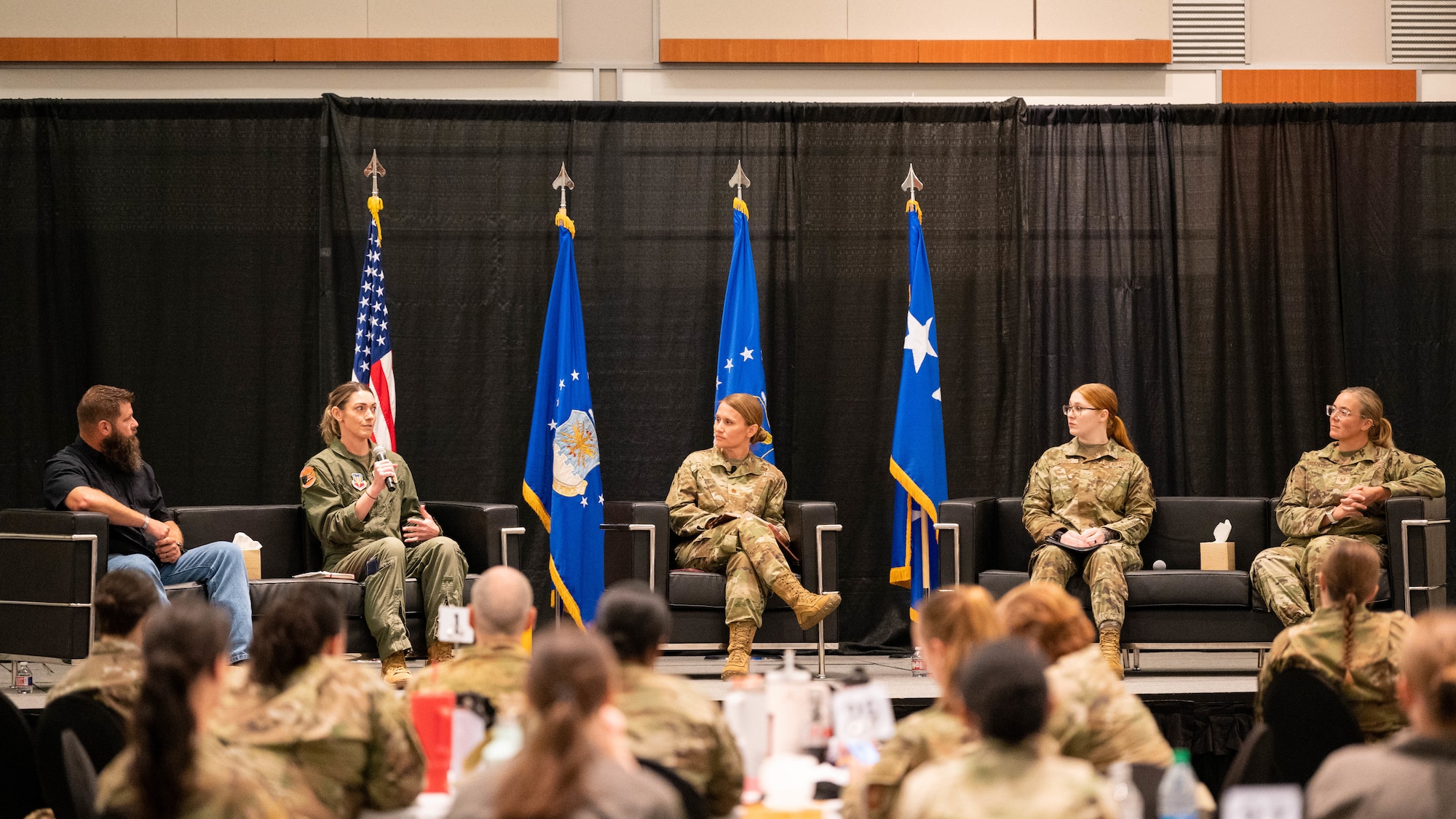 A panel of Airmen discuss allyship during the 2023 Air Force Global Strike Command Women's Leadership Symposium in Shreveport, La., July 25, 2023. Airmen and Guardians from AFGSC bases participated in the symposium virtually or in-person, discussing the importance of equity in leadership at all levels, and getting to hear from speakers and panels about the successes achieved and challenges experienced by women in the military. (U.S. Air Force photo by Capt. Joshua Thompson)