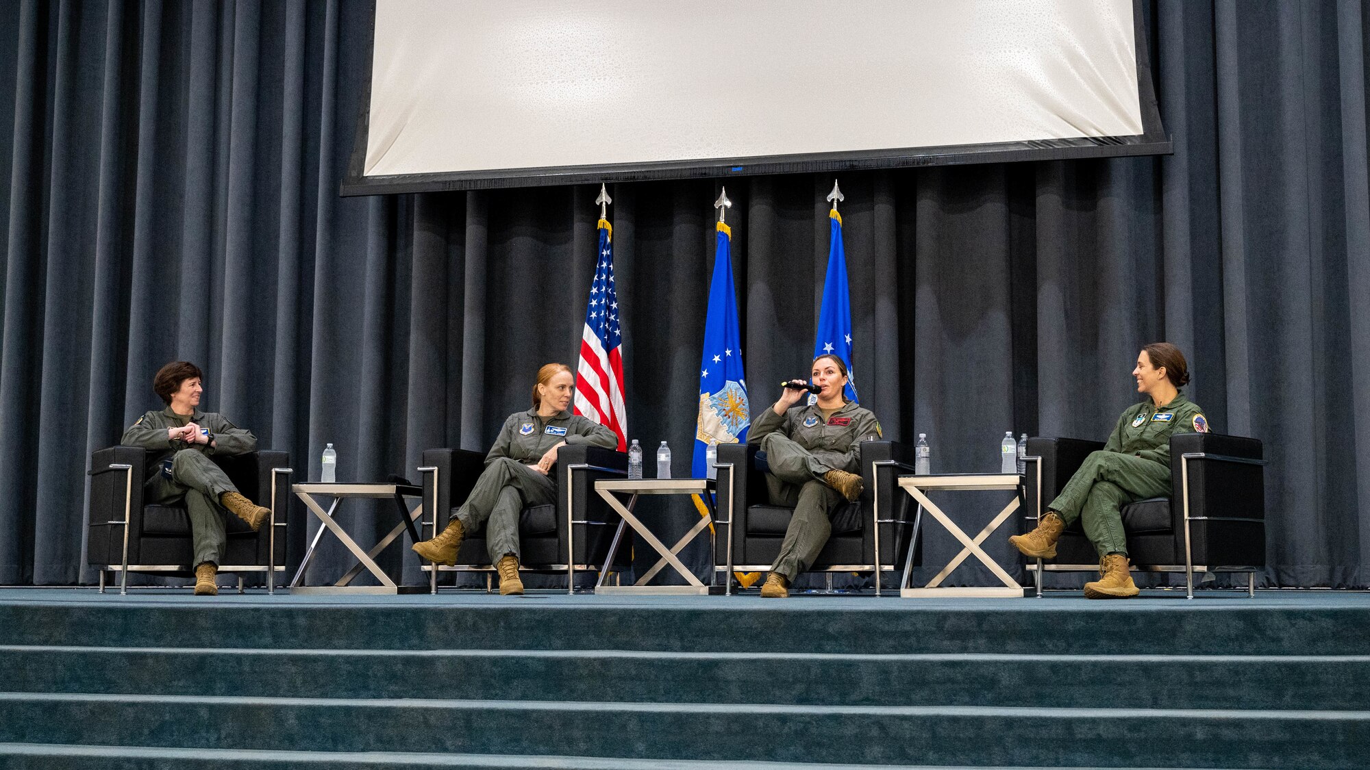 (Left to right) Col. Bridget McNamara, Eighth Air Force vice commander; Lt. Col. Kristen Jenkins, 28th Bomb Squadron commander; Lt. Col. Vanessa Wilcox, 96th Bomb Squadron commander; and Col. Beth Makros, chief learning officer for the commandant of cadets at the U.S. Air Force Academy, discuss their experiences as current or former commanders during the 2023 AFGSC Women's Leadership Symposium at Barksdale Air Force Base, La., July 27, 2023. Airmen and Guardians from AFGSC bases participated in the symposium virtually or in-person, discussing the importance of equity in leadership at all levels, and getting to hear from speakers and panels about the successes achieved and challenges experienced by women in the military. (Courtesy Photo)