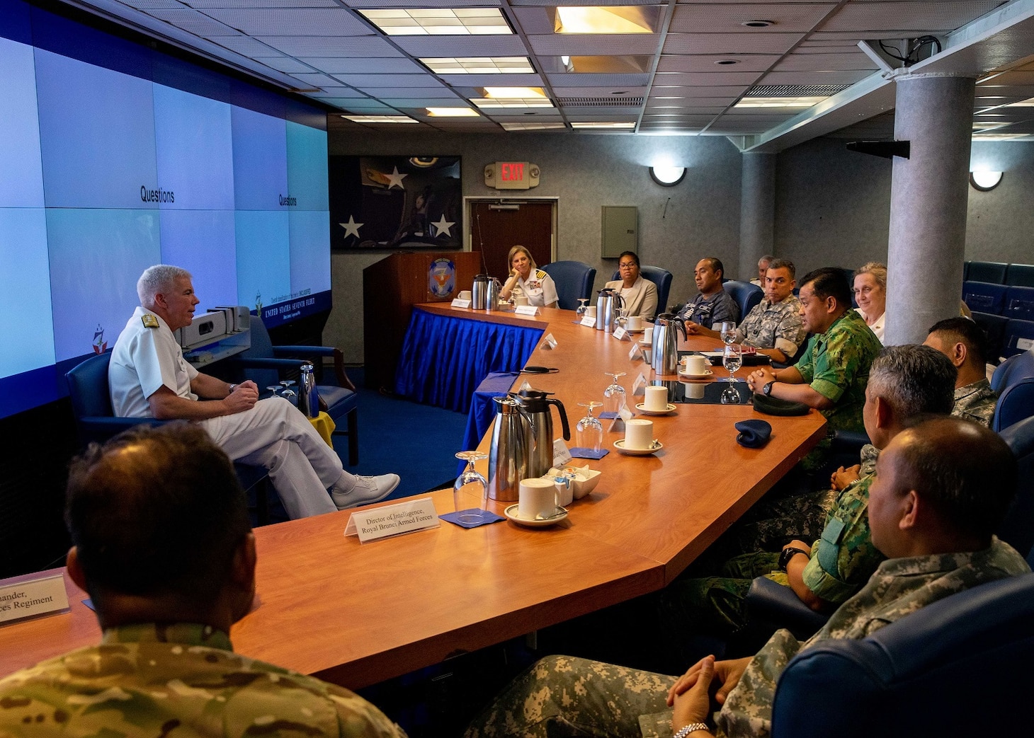 MUARA, Brunei (Aug. 3, 2023) - Commander, U.S. 7th Fleet Vice Adm. Karl Thomas, meets with leaders from the Royal Brunei Armed Forces during key leader engagements aboard U.S. 7th Fleet’s flagship USS Blue Ridge (LCC 19), Aug. 3. The port visit reflects the United States' commitment to the Indo-Pacific region and complements the many bilateral military cooperation activities conducted by the U.S. Navy and Brunei. U.S. Navy photo by Mass Communication Specialist 2nd Class Ryan M. Breeden)