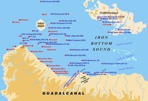 Chart showing Guadalcanal, Savo Island, Iron Bottom Sound, Florida Island, and Tulagi Island. (Wikipedia image by user W.wolny (CC BY-SA 3.0), courtesy of Wikimedia Commons)