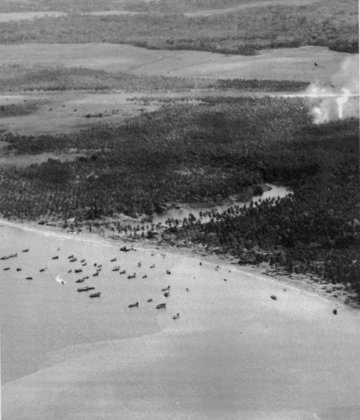 A rare aerial photograph of the Coast Guard base at Lunga Point, Guadalcanal. Coxswain Robert Canavan operated out of this boat pool in August 1942. (U.S. Navy photo, courtesy U.S. Navy