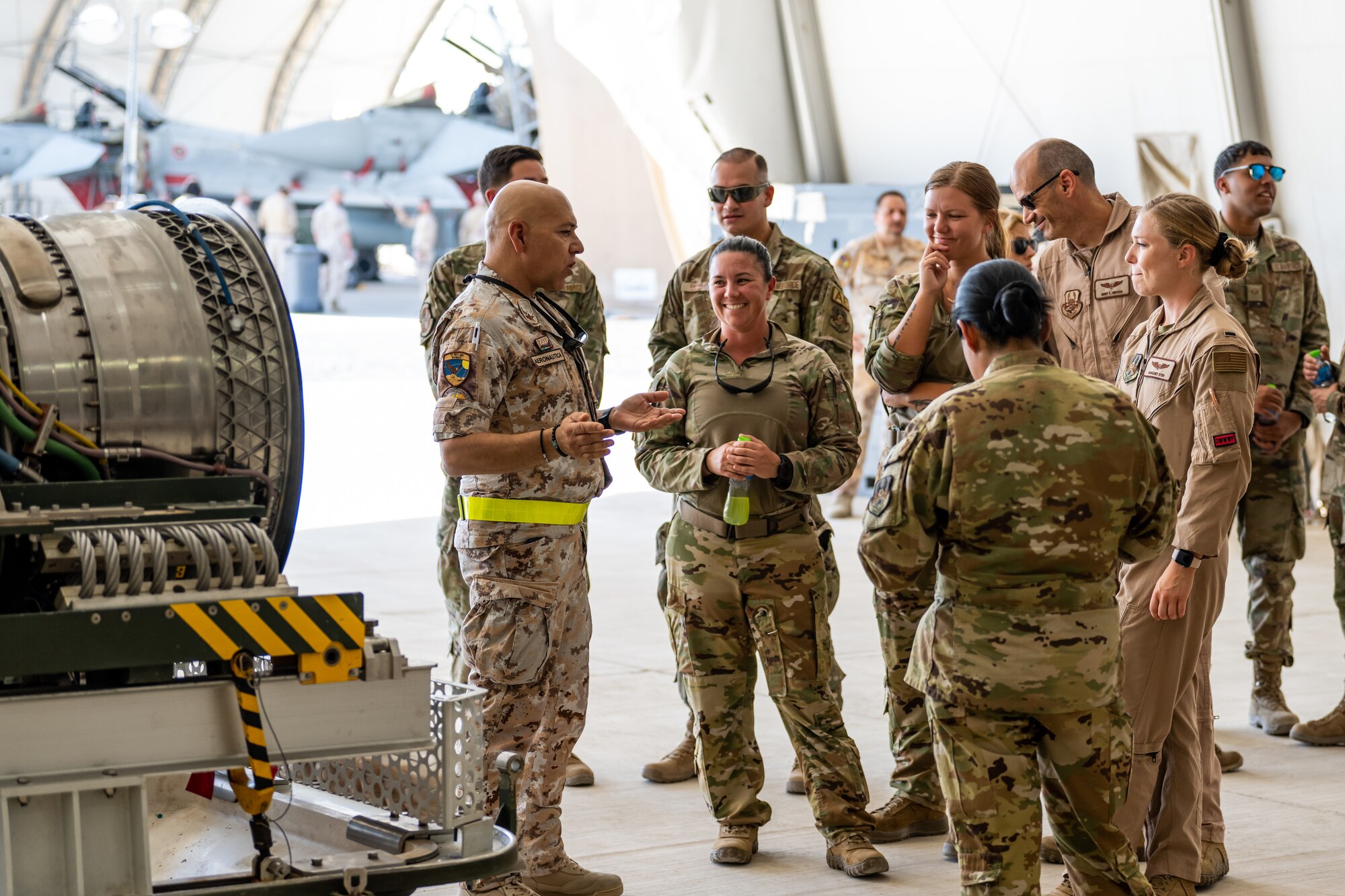 U.S. Air Force service members assigned to the 386th Air Expeditionary Wing learn about the Italian Air Force Eurofighter Typhoon and its mission at Ali Al Salem Air Base, Kuwait, Aug. 4, 2023. Our Italian Air Force counterparts opened their doors to all of the coalition partners here for this unique educational opportunity, increasing the interoperability of our forces and enhancing our ability to project decisive combat power together across the theater. (U.S. Air Force photo by Staff Sgt. Kevin Long)