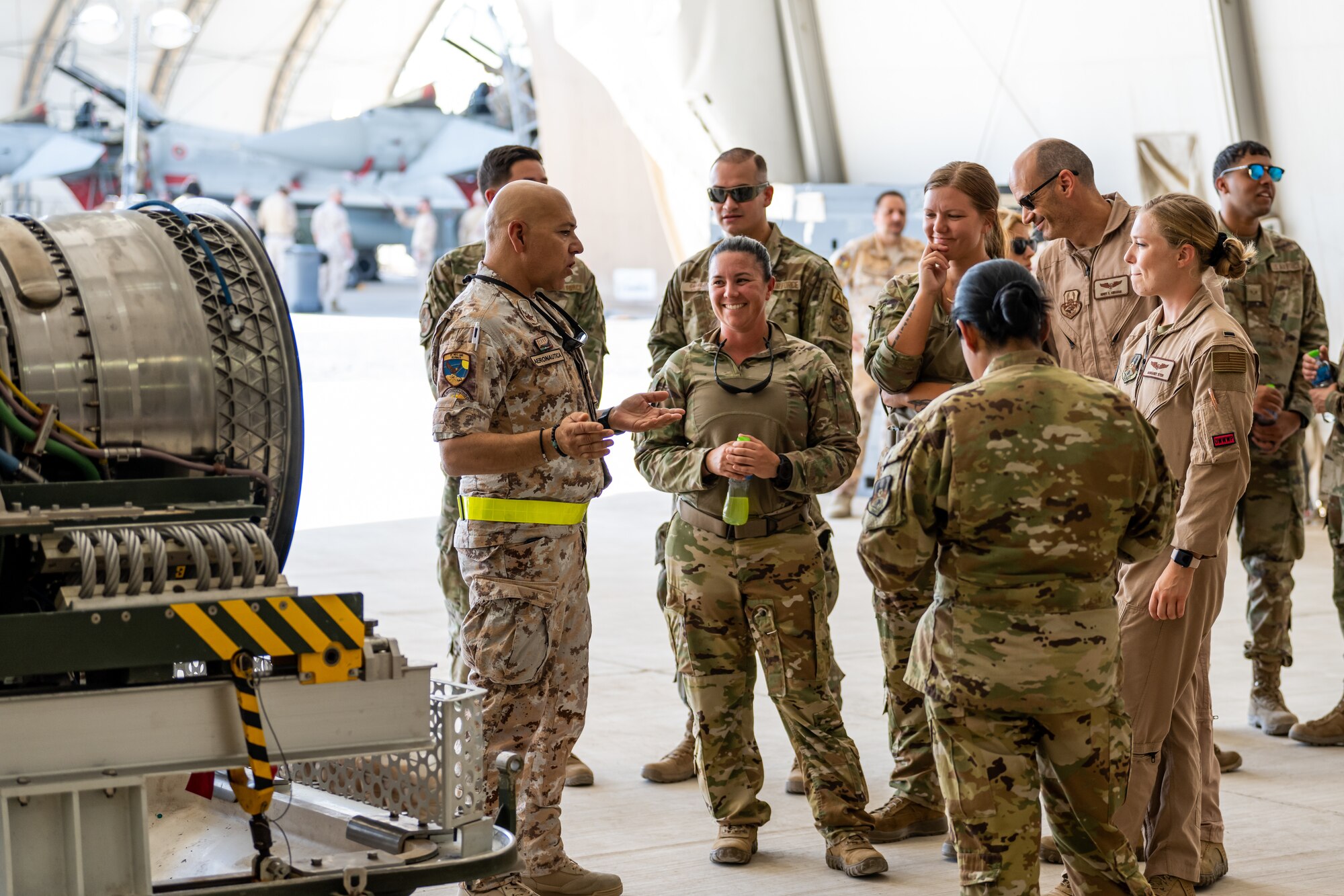 U.S. Air Force service members assigned to the 386th Air Expeditionary Wing learn about the Italian Air Force Eurofighter Typhoon and its mission at Ali Al Salem Air Base, Kuwait, Aug. 4, 2023. Our Italian Air Force counterparts opened their doors to all of the coalition partners here for this unique educational opportunity, increasing the interoperability of our forces and enhancing our ability to project decisive combat power together across the theater. (U.S. Air Force photo by Staff Sgt. Kevin Long)