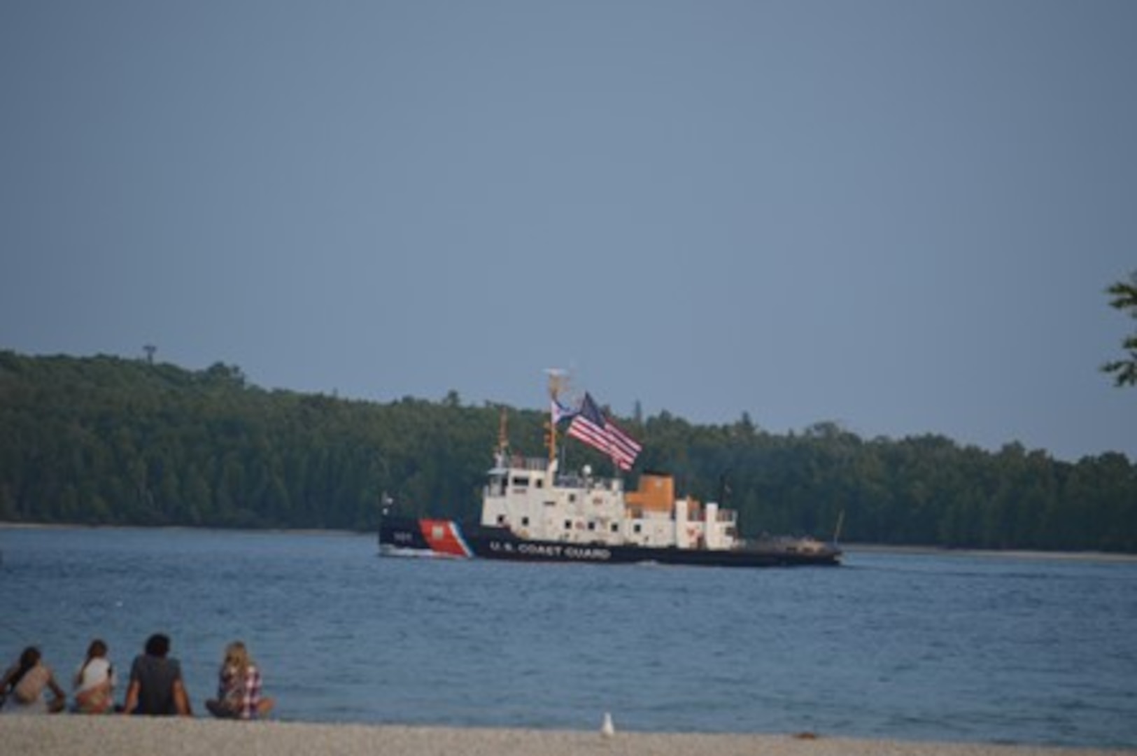 United States Coast Guard Cutter Katmai Bay at the finish line of the 2023 Chicago Yacht Club Race to Mackinac. (Photo courtesy of the Chicago Yacht Club)