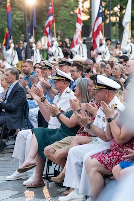 The U.S. Navy Band plays its Concert on the Avenue (COTA) at the Navy Memorial in Washington, D.C. Vice Admiral Johnny Wolfe Jr., director of U.S. Navy Strategic Systems Programs (SSP) hosted the concert, played by the Navy Band for the public, which featured the storyline and history of the Navy set to the tune of patriotic music (U.S. Navy Photo by Lt. Jennifer Bowman)