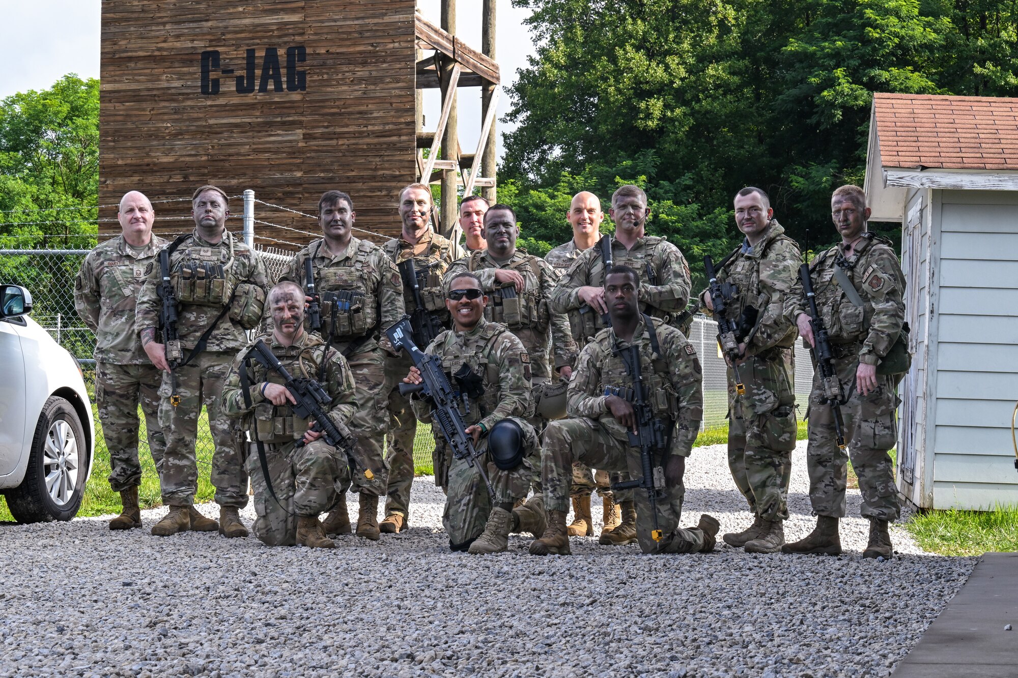 Defenders assigned to the North Carolina Air National Guard's 145th Security Forces Squadron pose for a photo prior to an Integrated Defense Leadership Course training exercise on July 27, 2023, at Camp James A. Garfield Joint Military Training Center, Ohio.