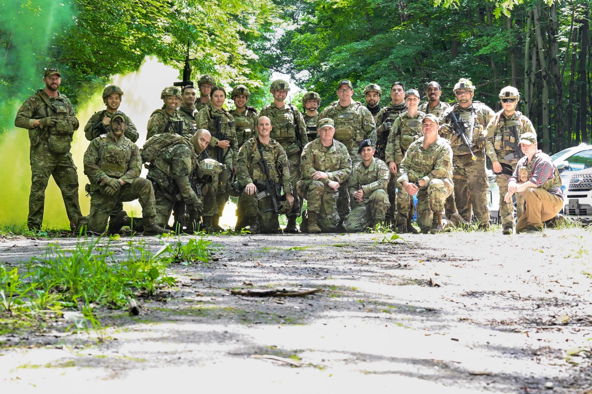 Air Force Reserve Command’s Integrated Defense Leadership Course cadre and students pose for a photo with Tenth Air Force leadership on July 27, 2023, at Camp James A. Garfield Joint Military Training Center, Ohio.