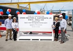 Chariza “Chacha” Solis, a long-time NASSCO employee and the Start of Construction honoree for the future USNS Hector A. Cafferata, initiated the first cut of steel that will be used to construct the vessel.
