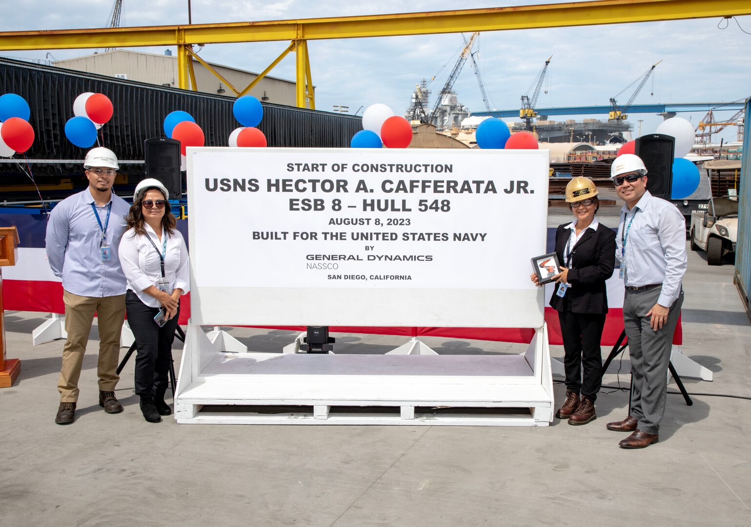 Chariza “Chacha” Solis, a long-time NASSCO employee and the Start of Construction honoree for the future USNS Hector A. Cafferata, initiated the first cut of steel that will be used to construct the vessel.