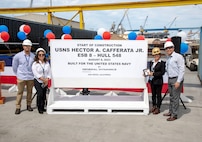 Chariza “Chacha” Solis, a long-time NASSCO employee and the Start of Construction honoree for the future USNS Hector A. Cafferata, initiated the first cut of steel that will be used to construct the vessel.