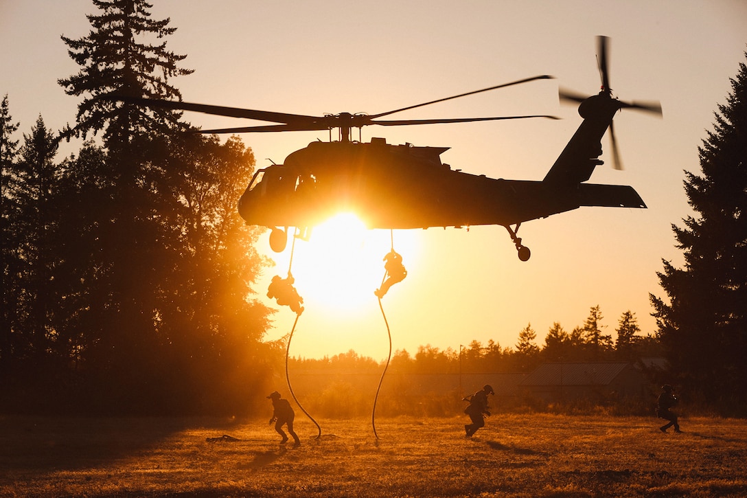 Soldiers fast rope from a helicopter down to a field backlit by a low sun.