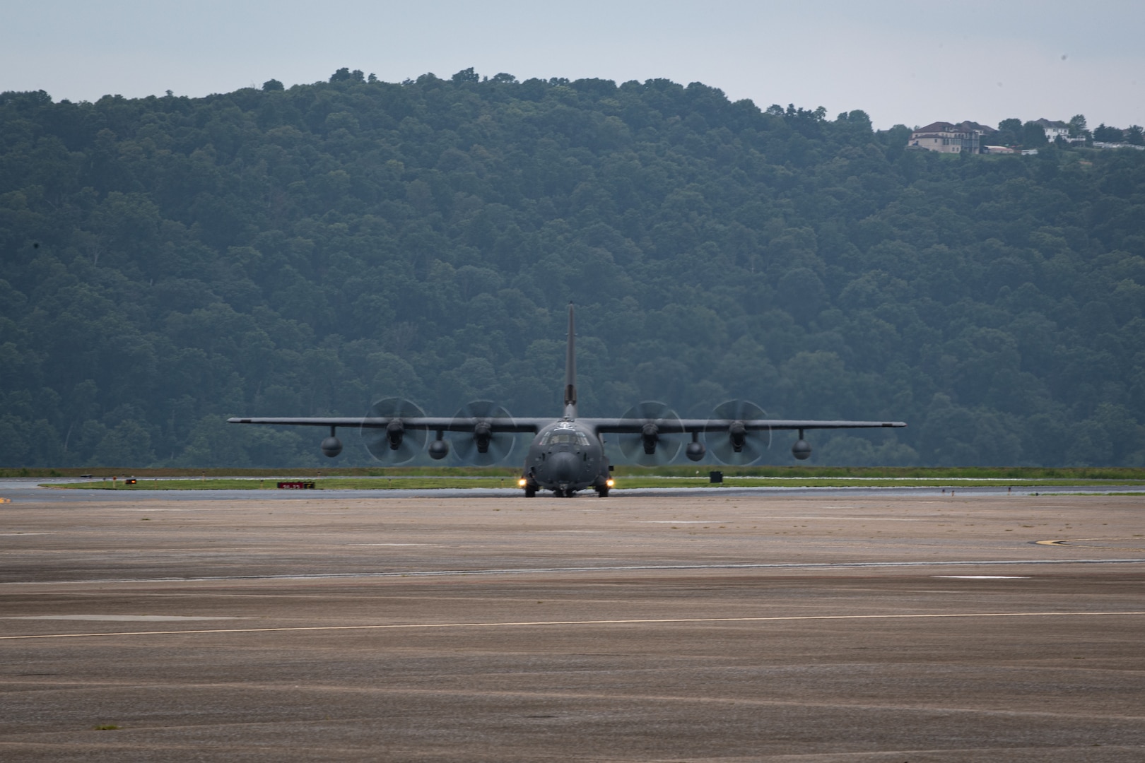 A new MC-130J Commando II aircraft rolls onto the flight line at the 193rd Special Operations Wing during an arrival ceremony in Middletown, Pennsylvania, July 27, 2023. The 193rd SOW being is the first Air National Guard unit to receive the MC-130J Commando II mission.