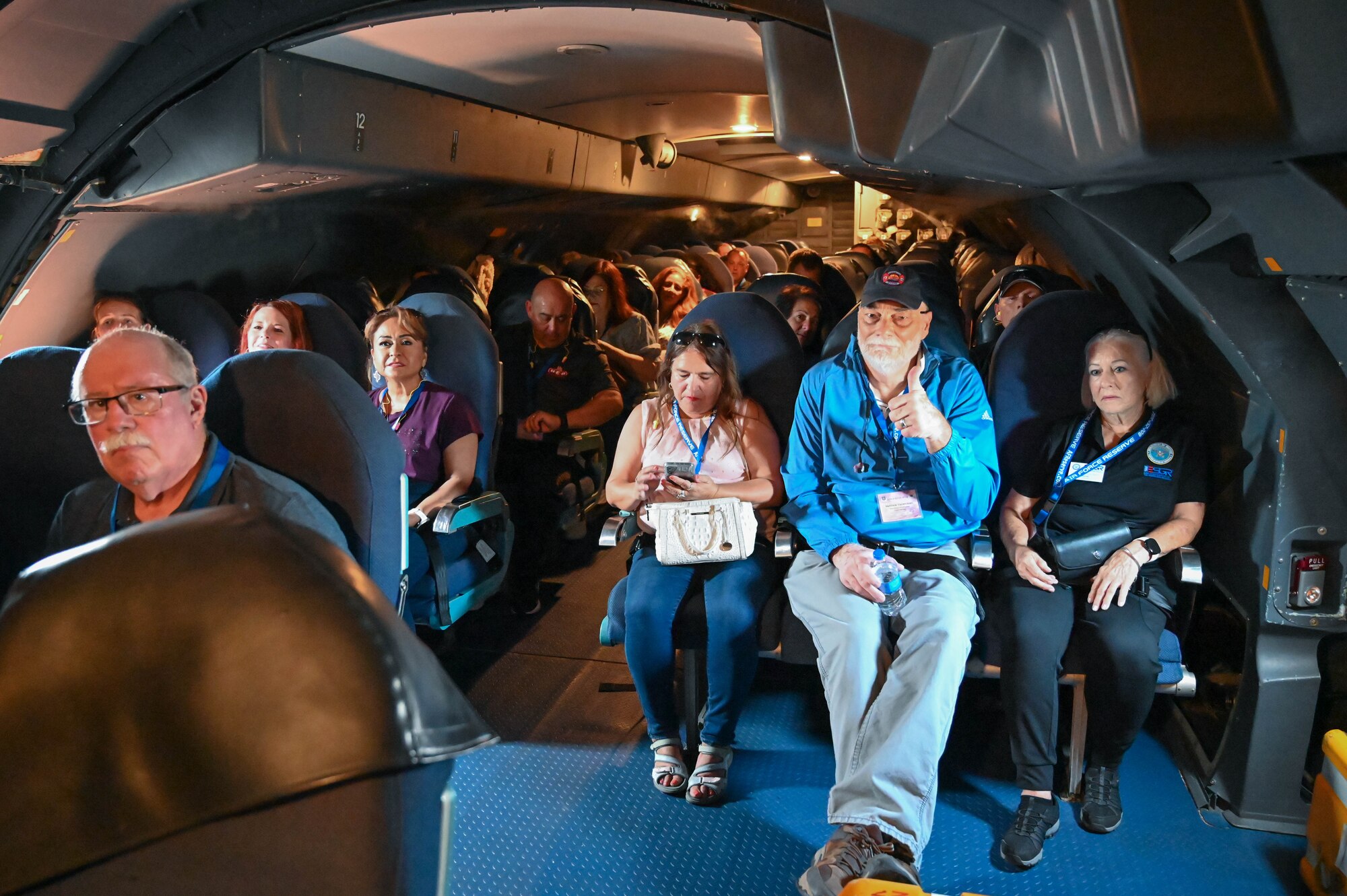 Employers nominated by Reserve Citizen Airmen to participate in the Employer Support of the Guard and Reserve Bosslift program receive a pre-flight safety briefing aboard a C-5M Super Galaxy at Joint Base San Antonio-Lackland, Texas on Saturday Aug.5, 2023. The program, hosted by the 433rd Airlift Wing in conjunction with ESGR, provides civilian employers of Reserve Citizen Airmen an opportunity to see what reservists do during monthly Unit Training Activities. (U.S. Air Force Photo by Julian Hernandez)