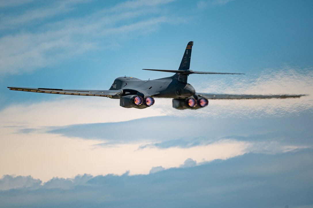 A B-1B Lancer attached to the 34th Bomb Squadron at Ellsworth Air Force Base, South Dakota, departs for a Red Flag combat training exercise at Nellis Air Force Base, Nevada, July 13th, 2023. Red Flag increases interoperability between partner nations and across the joint force as Airmen and Guardians train together against high-end, realistic scenarios. (U.S. Air Force photo by Staff Sgt. Jake Jacobsen)