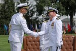 WASHINGTON (August 11, 2023) – (R) Capt. Thomas Dickinson  relieved (L) Rear Admiral Kevin Byrne at the NAVSEA Warfare Centers Change of Command ceremony in Leutze Park at the Washington Navy Yard.