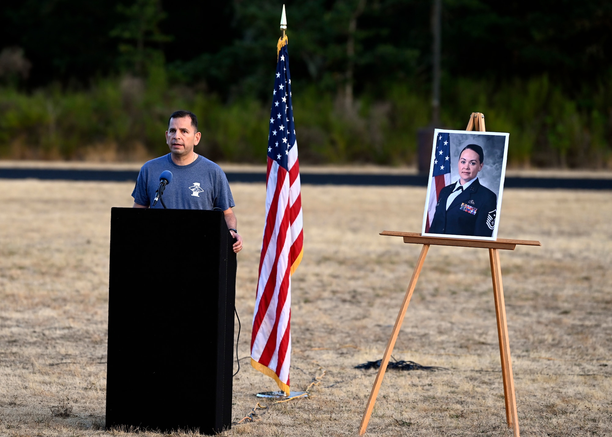 U.S. Air Force Col. Sergio Anaya, 62d Airlift Wing commander, delivers opening remarks during the Dash for Danielle Memorial Run-A-Thon at Joint Base Lewis-McChord, Washington, Aug. 11, 2023. In 2020, the first sergeant community tragically and unexpectedly lost one of their own, Master Sgt. Danielle Lynch, to domestic violence. To honor Danielle and raise awareness of domestic violence, memorial run-a-thons have been hosted by First Sergeant Councils at various bases. (U.S. Air Force photo by Senior Airman Callie Norton)