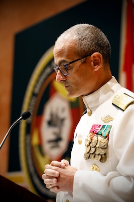 SILVER SPRING, Md. (Aug. 11, 2023) Rear Adm. Guido Valdes, commander, Naval Medical Forces Pacific, speaks at Naval Medical Research Command (NMRC)’s change of command ceremony. The ceremony, presided over by Valdes, saw Capt. William Deniston relieved as commander, NMRC by Capt. Franca Jones. NMRC leads the Naval Medical Research and Design enterprise, eight commands throughout the globe which focus on readiness through research and development in support of the Navy, Marine Corps and joint U.S. warfighters. (U.S. Navy photo by Tommy Lamkin/Released)